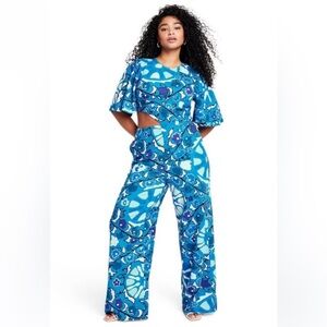 RHODE Blue Floral Linen blend wide leg  flutter sleeve Jumpsuit size S